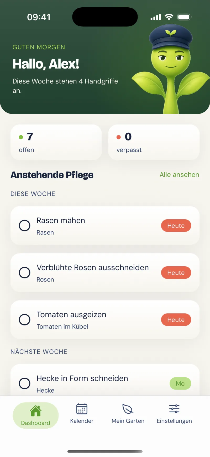 App-Bildschirm: Dashboard mit Begrüßung und den Pflegeaufgaben dieser Woche