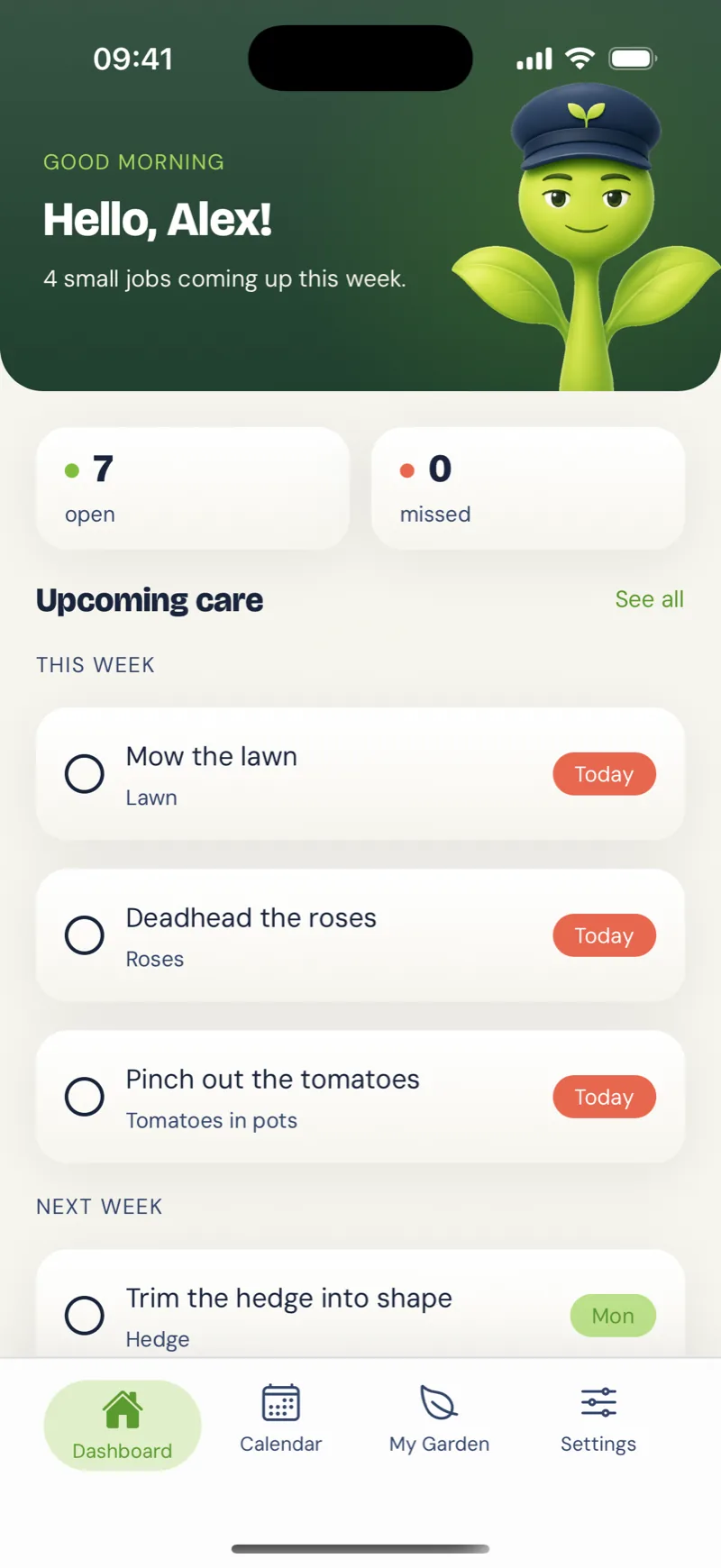 App screen: the dashboard with a greeting and this week's care tasks