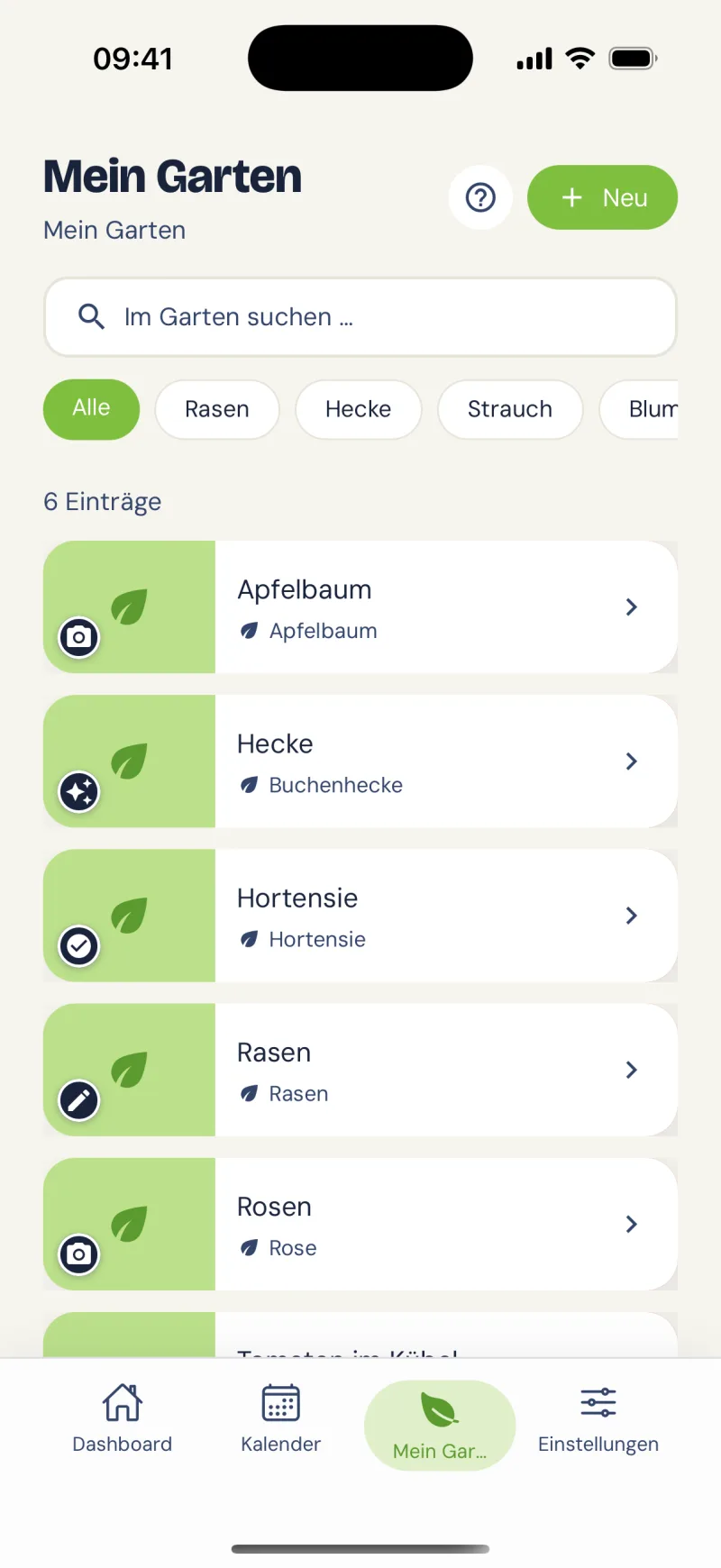 App-Bildschirm: Übersicht „Mein Garten“ mit Apfelbaum, Hecke und Hortensie