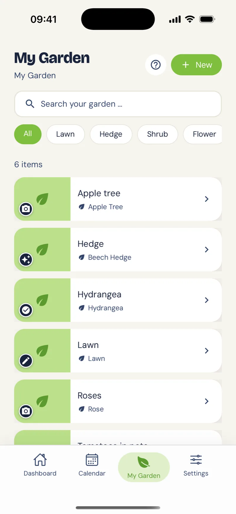 App screen: the “My garden” overview with apple tree, hedge and hydrangea
