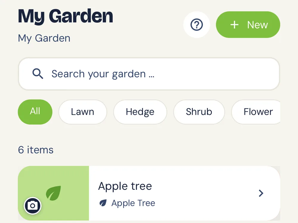 App detail: the garden overview with search field and “+ New” button