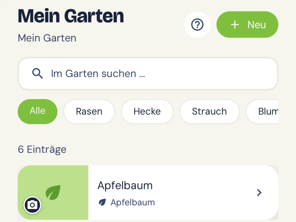 App-Ausschnitt: die Gartenübersicht mit Suchfeld und „+ Neu“-Knopf