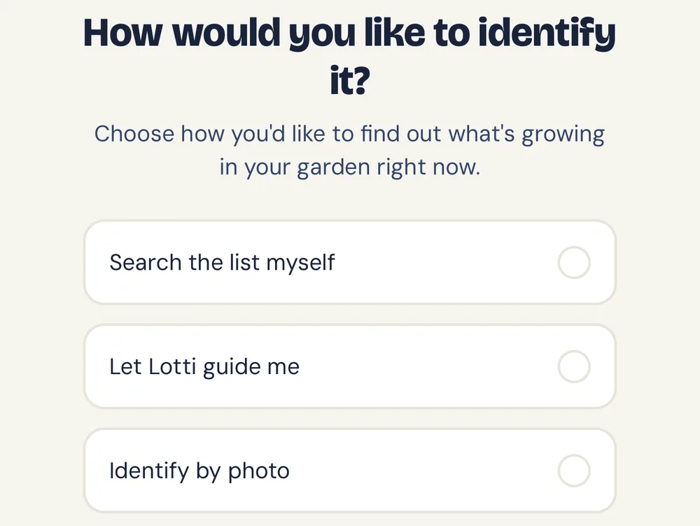 App detail: the “What grows here?” question with the ways to identify a plant