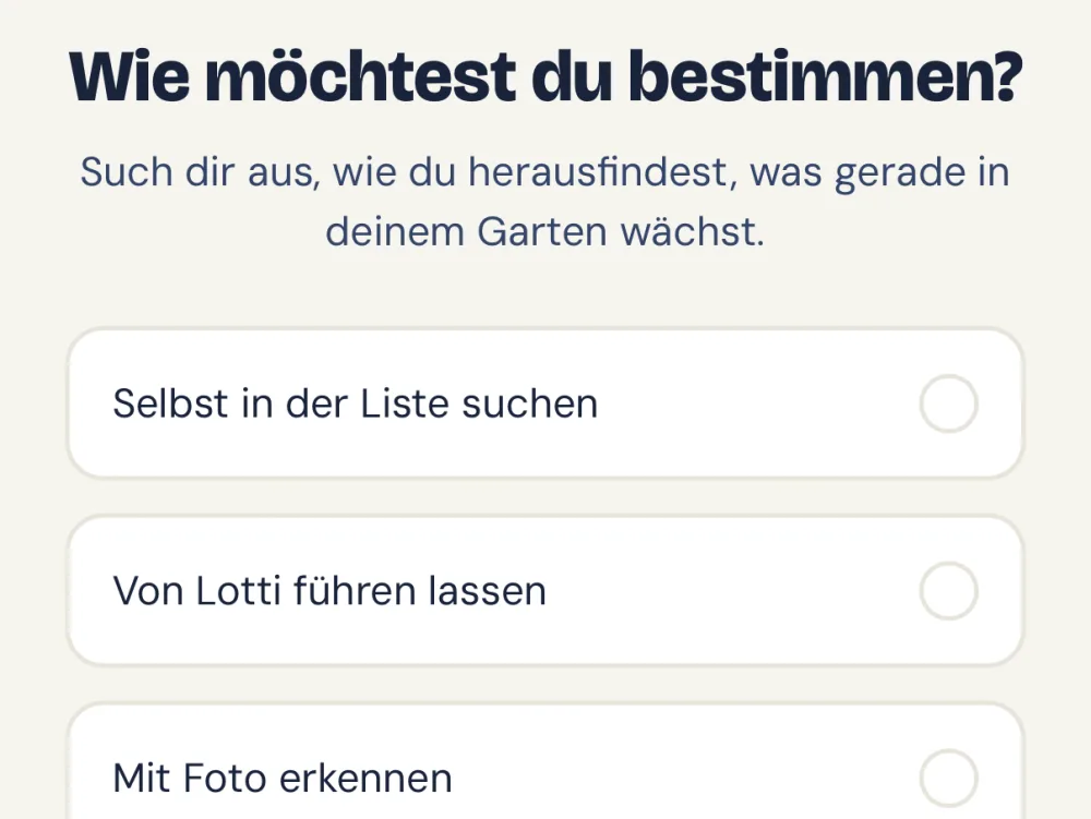 App-Ausschnitt: die Frage „Was wächst hier?“ mit den Wegen zur Bestimmung