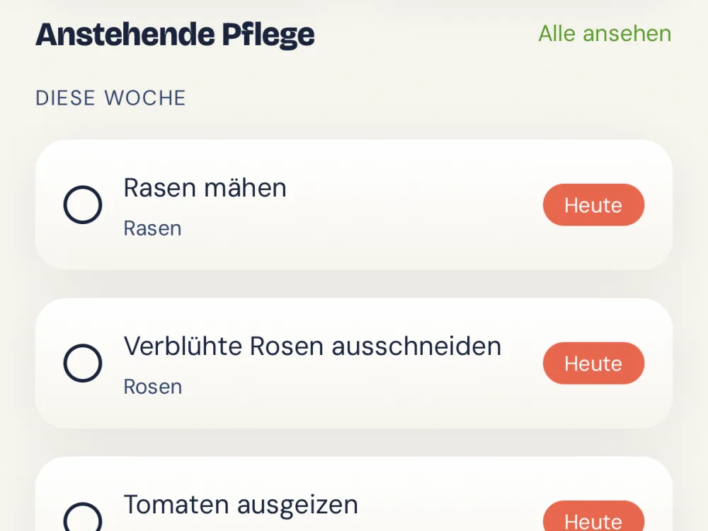 App-Ausschnitt: Pflegeaufgaben dieser Woche mit „Heute“-Markierung